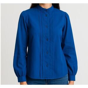 Vintage Bedford Fair Blue Button Front Blouse Polyester Size 14